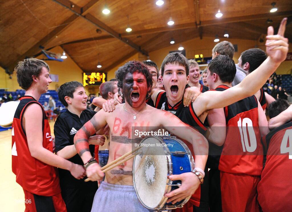 29 January 2010; Tadhg O'Connell, St. Mary’s Castleisland, and supporter Sean Daly celebrate their side's victory. Basketball Ireland Men’s Under 18 National Cup Final, Eanna, Dublin V St. Mary’s Castleisland, Kerry, Tallaght, Dublin. Picture credit: Stephen McCarthy / SPORTSFILE