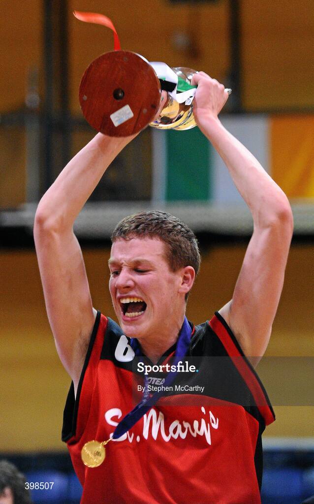 29 January 2010; St. Mary’s Castleisland captain Seamus Brosnan lifts the cup. Basketball Ireland Men’s Under 18 National Cup Final, Eanna, Dublin V St. Mary’s Castleisland, Kerry, Tallaght, Dublin. Picture credit: Stephen McCarthy / SPORTSFILE