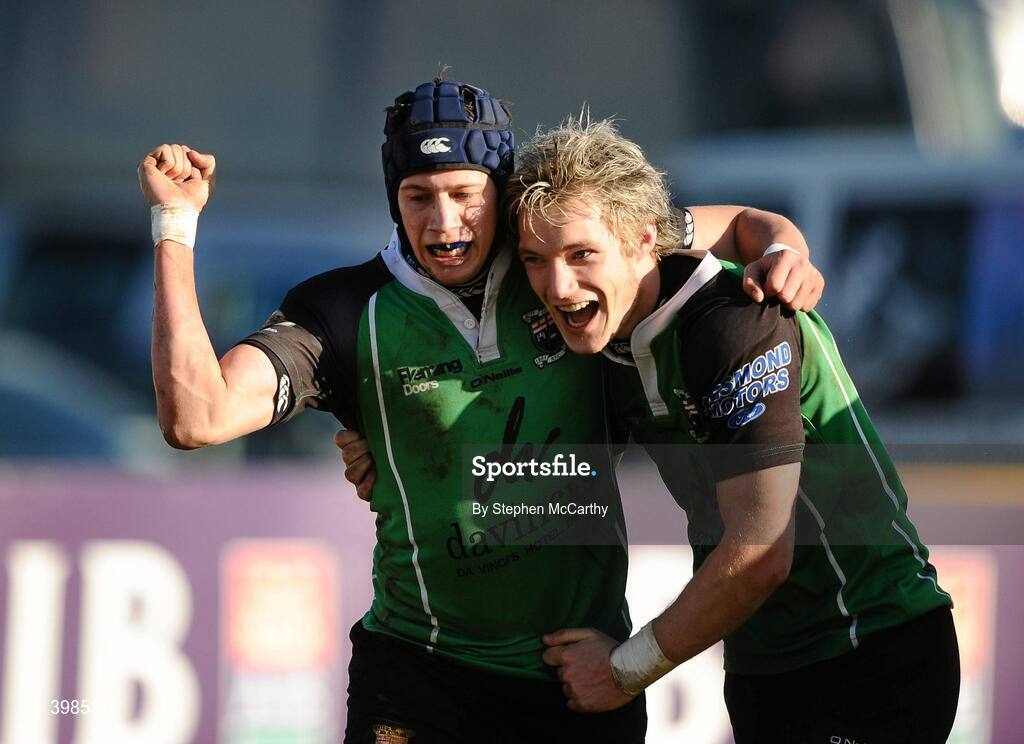 30 January 2010; Richard McCarter, City of Derry, left, celebrates with team-mate Rudi Moore after scoring his side's second try. AIB Junior Cup Final, Armagh v City of Derry, Dubarry Park, Athlone, Co. Westmeath. Picture credit: Stephen McCarthy / SPORTSFILE