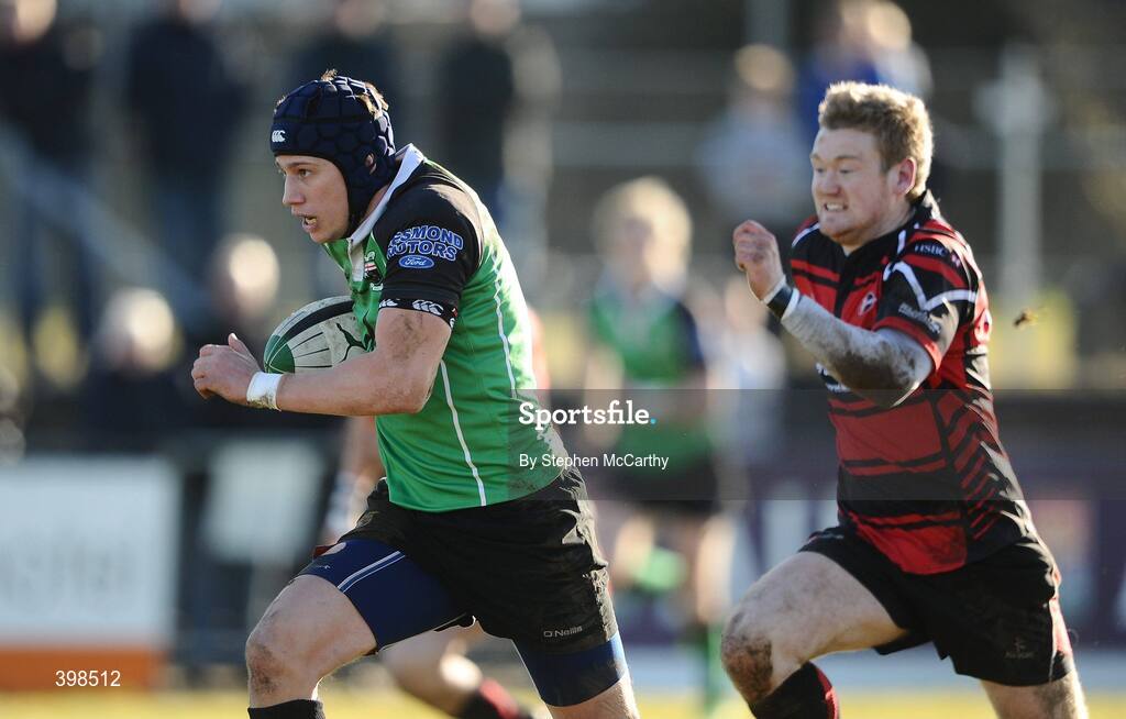 30 January 2010; Richard McCarter, City of Derry, breaks clear to score his side's second try. AIB Junior Cup Final, Armagh v City of Derry, Dubarry Park, Athlone, Co. Westmeath. Picture credit: Stephen McCarthy / SPORTSFILE
