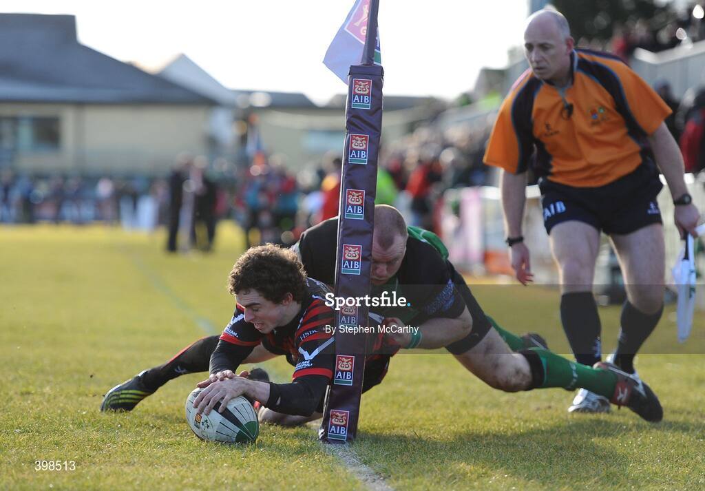 30 January 2010; Matthew Irwin, Armagh, goes over for a try despite the tackle of Sam McAuley, City of Derry. AIB Junior Cup Final, Armagh v City of Derry, Dubarry Park, Athlone, Co. Westmeath. Picture credit: Stephen McCarthy / SPORTSFILE