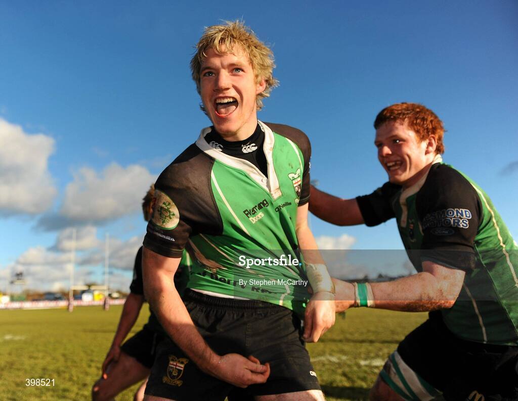 30 January 2010; Mark O'Connor, left, and Stephen Corr, City of Derry, celebrate at the final whistle. AIB Junior Cup Final, Armagh v City of Derry, Dubarry Park, Athlone, Co. Westmeath. Picture credit: Stephen McCarthy / SPORTSFILE
