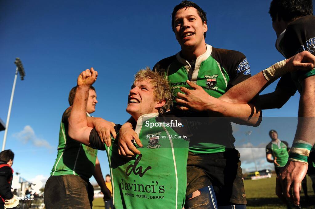 30 January 2010; Mark O'Connor, left, and Richard Carter, City of Derry, celebrate at the final whistle. AIB Junior Cup Final, Armagh v City of Derry, Dubarry Park, Athlone, Co. Westmeath. Picture credit: Stephen McCarthy / SPORTSFILE