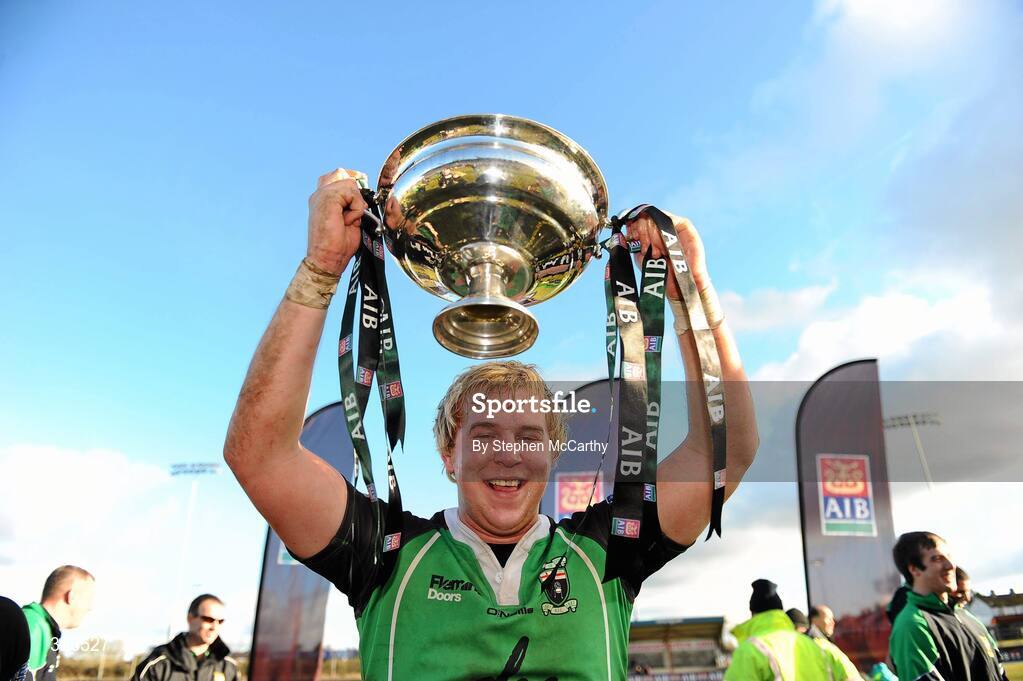 30 January 2010; David Funston, City of Derry, celebrates with the cup. AIB Junior Cup Final, Armagh v City of Derry, Dubarry Park, Athlone, Co. Westmeath. Picture credit: Stephen McCarthy / SPORTSFILE
