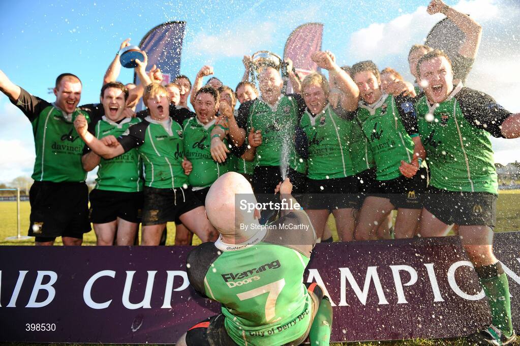 30 January 2010; Mark Walker, City of Derry, celebrates victory with team-mates. AIB Junior Cup Final, Armagh v City of Derry, Dubarry Park, Athlone, Co. Westmeath. Picture credit: Stephen McCarthy / SPORTSFILE