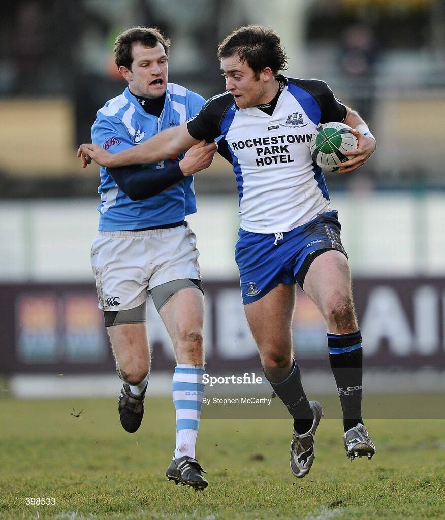 30 January 2010; Evan Ryan, Cork Constitution, is tackled by Ian Hanley, Garryowen. AIB Cup Final, Cork Constitution v Garryowen, Dubarry Park, Athlone, Co. Westmeath. Picture credit: Stephen McCarthy / SPORTSFILE