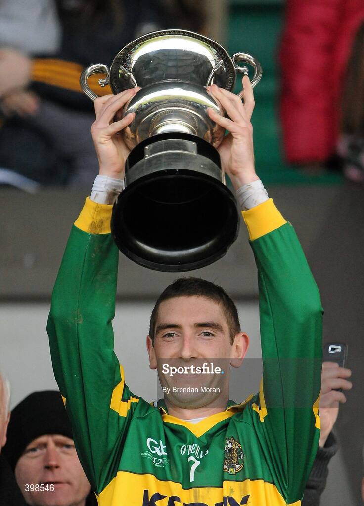30 January 2010; Kerry captain Killian Young lifts the McGrath Cup after victory over UCC. Munster GAA McGrath Cup Senior Football Final, Kerry v University College Cork, Austin Stack Park, Tralee, Co. Kerry. Picture credit: Brendan Moran / SPORTSFILE
