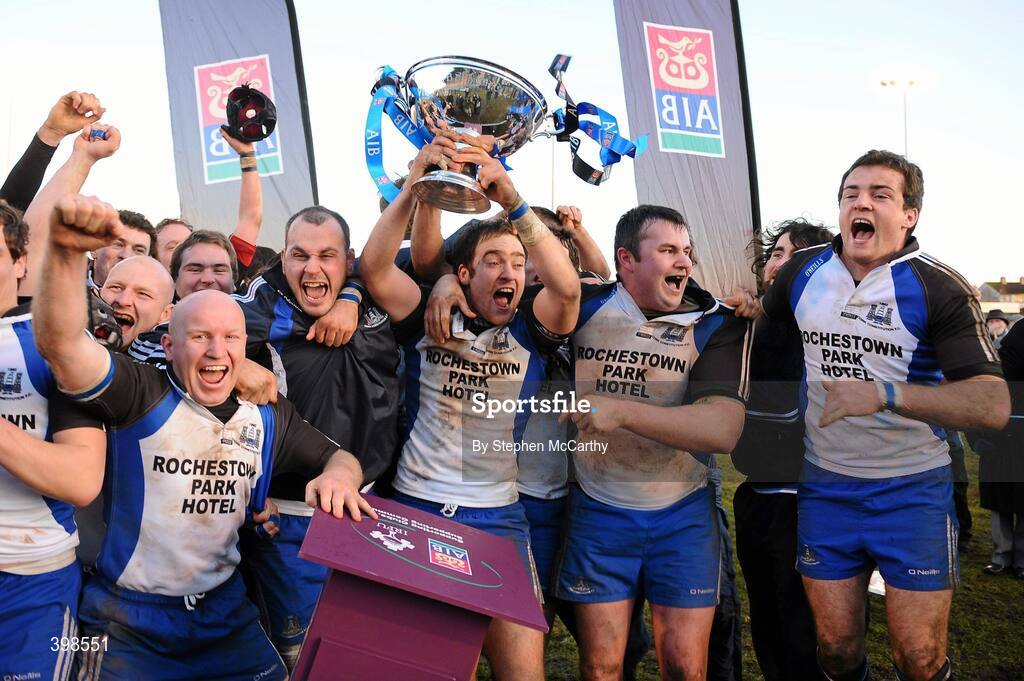 30 January 2010; Cork Constitution captain Evan Ryan celebrates with team-mates after his side's victory over Garryowen. AIB Cup Final, Cork Constitution v Garryowen, Dubarry Park, Athlone, Co. Westmeath. Picture credit: Stephen McCarthy / SPORTSFILE