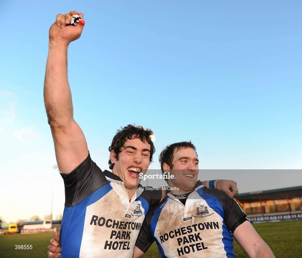30 January 2010; Tom Gleeson, left, and Evan Ryan, Cork Constitution, celebrate their victory over Garryowen. AIB Cup Final, Cork Constitution v Garryowen, Dubarry Park, Athlone, Co. Westmeath. Picture credit: Stephen McCarthy / SPORTSFILE