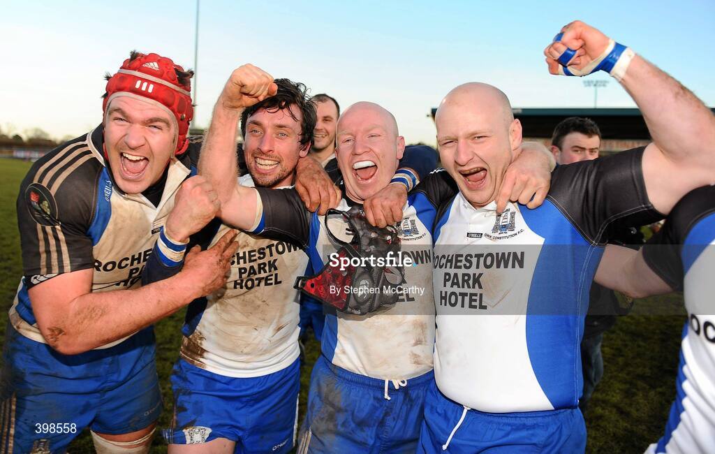 30 January 2010; Cork Constitution players celebrate their victory over Garryowen. AIB Cup Final, Cork Constitution v Garryowen, Dubarry Park, Athlone, Co. Westmeath. Picture credit: Stephen McCarthy / SPORTSFILE
