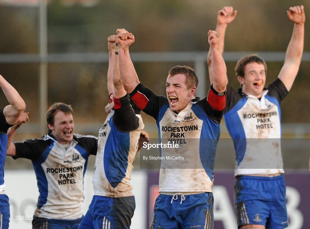 30 January 2010; Cork Constitution players, from left, Daragh Lyon, Robert Quinn, Frank Hogan and Brian Hayes celebrate victory. AIB Cup Final, Cork Constitution v Garryowen, Dubarry Park, Athlone, Co. Westmeath. Picture credit: Stephen McCarthy / SPORTSFILE