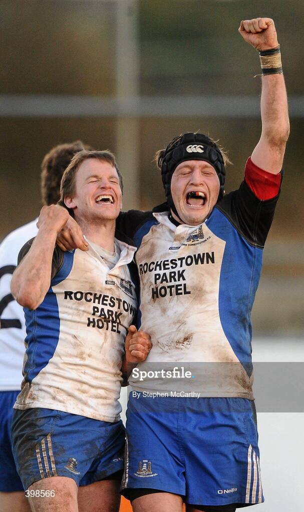 30 January 2010; Daragh Lyons and Robert Quinn, right, Cork Constitution, celebrate their victory over Garryowen. AIB Cup Final, Cork Constitution v Garryowen, Dubarry Park, Athlone, Co. Westmeath. Picture credit: Stephen McCarthy / SPORTSFILE