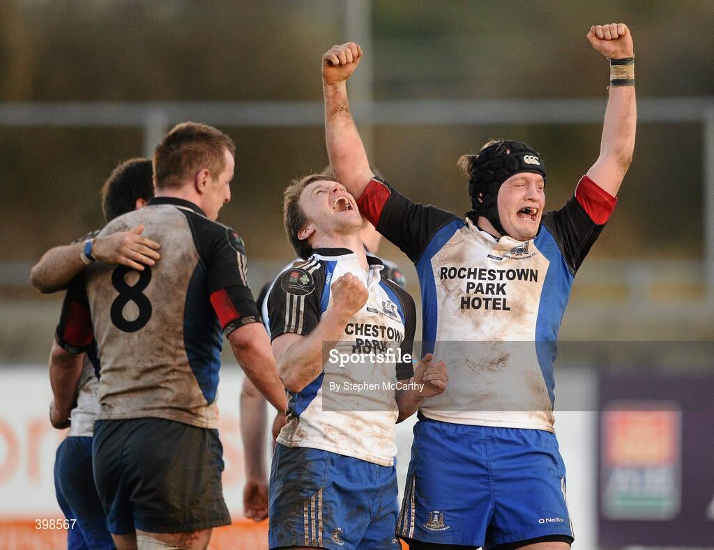 30 January 2010; Daragh Lyons and Robert Quinn, right, Cork Constitution, celebrate their victory over Garryowen. AIB Cup Final, Cork Constitution v Garryowen, Dubarry Park, Athlone, Co. Westmeath. Picture credit: Stephen McCarthy / SPORTSFILE