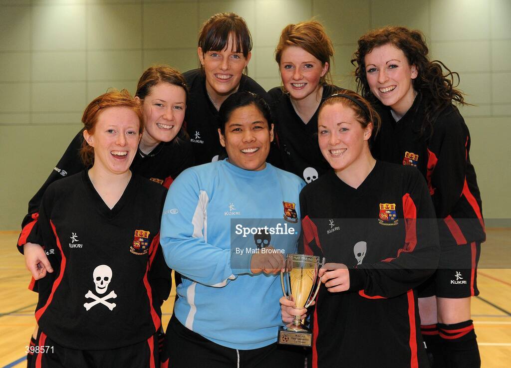 30 January 2010; UCC players, from left, Eimear Feerick, Castlebar, Co. Mayo, Eimear Knightly, Killorglin, Co. Kerry, Trisha Hickey, Clonmel, Co. Tipperary, Megan Morris, USA, Linda Douglas, Waterford City, Alison Roche, Limerick City and Gill Cahill, Cork City, celebrate with the cup after beating UCD. WSCAI National Futsal Cup Final, UCC v UCD, Kingfishers Sports Centre, NUIG, University Road, Galway. Picture credit: Matt Browne / SPORTSFILE