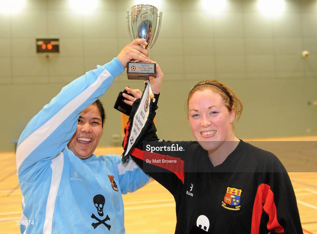 30 January 2010; UCC captains Megan Morris, USA, and Alison Roche, Limerick City, celebrate with the cup. WSCAI National Futsal Cup Final, UCC v UCD, Kingfishers Sports Centre, NUIG, University Road, Galway. Picture credit: Matt Browne / SPORTSFILE