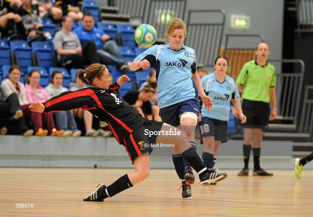 30 January 2010; Kellen Brink, UCD, in action against Alison Roche, UCC. WSCAI National Futsal Cup Final, UCC v UCD, Kingfishers Sports Centre, NUIG, University Road, Galway. Picture credit: Matt Browne / SPORTSFILE