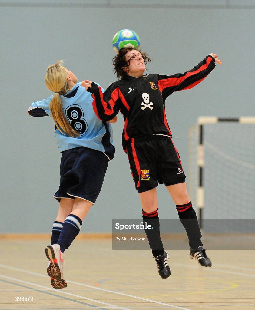 30 January 2010; Gill Cahill, UCC, in action against Lisa Geiran, UCD. WSCAI National Futsal Cup Final, UCC v UCD, Kingfishers Sports Centre, NUIG, University Road, Galway. Picture credit: Matt Browne / SPORTSFILE