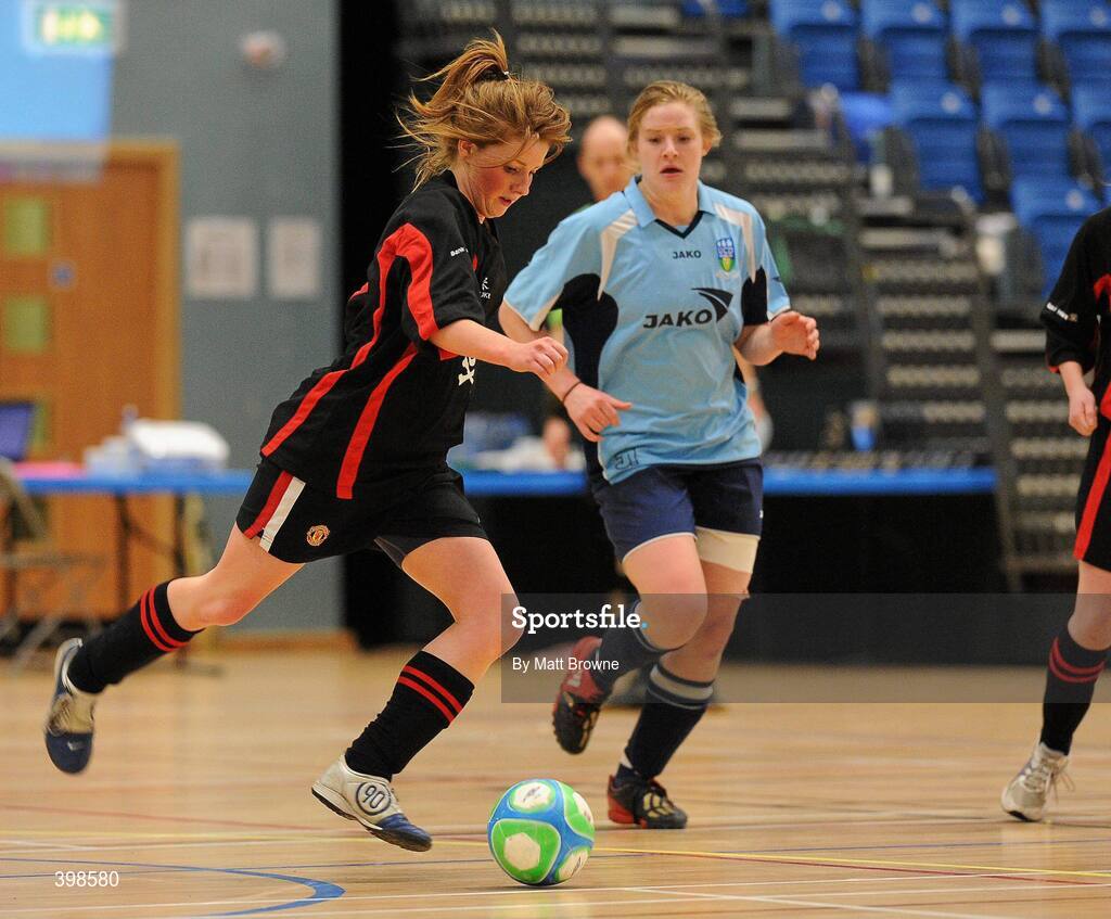 30 January 2010; Linda Douglas, UCC, in action against Kellen Brink, UCD. WSCAI National Futsal Cup Final, UCC v UCD, Kingfishers Sports Centre, NUIG, University Road, Galway. Picture credit: Matt Browne / SPORTSFILE