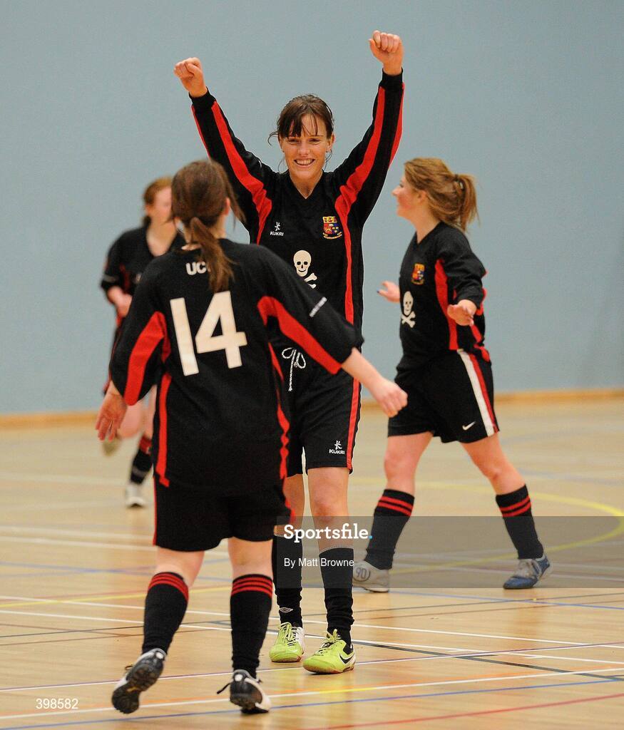 30 January 2010; Trisha Hickey and Eimear Knightly, 14, UCC, celebrate at the final whistle. WSCAI National Futsal Cup Final, UCC v UCD, Kingfishers Sports Centre, NUIG, University Road, Galway. Picture credit: Matt Browne / SPORTSFILE