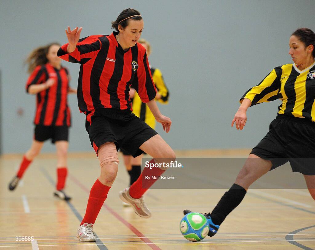 30 January 2010; Hannah Tyrrell, Trinity, in action against Sinead McHugh, NUIM. WSCAI National Futsal Plate Final, Trinity v NUIM, Kingfishers Sports Centre, NUIG, University Road, Galway. Picture credit: Matt Browne / SPORTSFILE