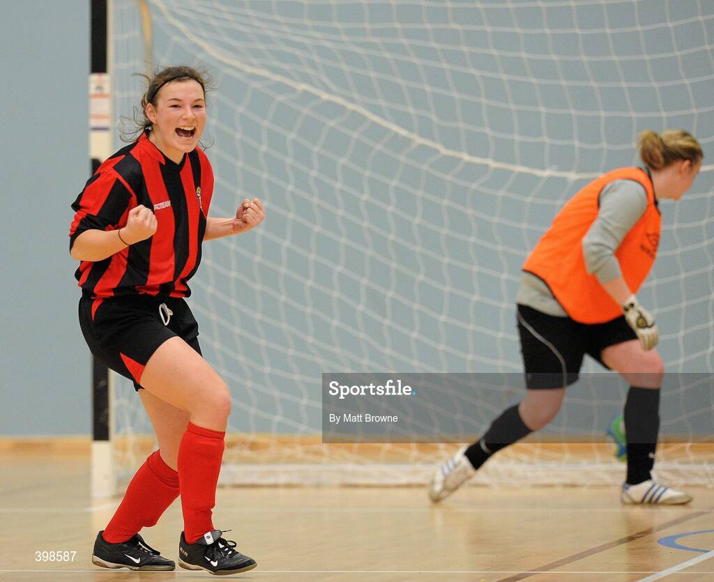 30 January 2010; Josephine Amelia Shister, Trinity, celebrates after scoring the winning penalty against NUIM goalkeeper Michelle Mooney. WSCAI National Futsal Plate Final, Trinity v NUIM, Kingfishers Sports Centre, NUIG, University Road, Galway. Picture credit: Matt Browne / SPORTSFILE