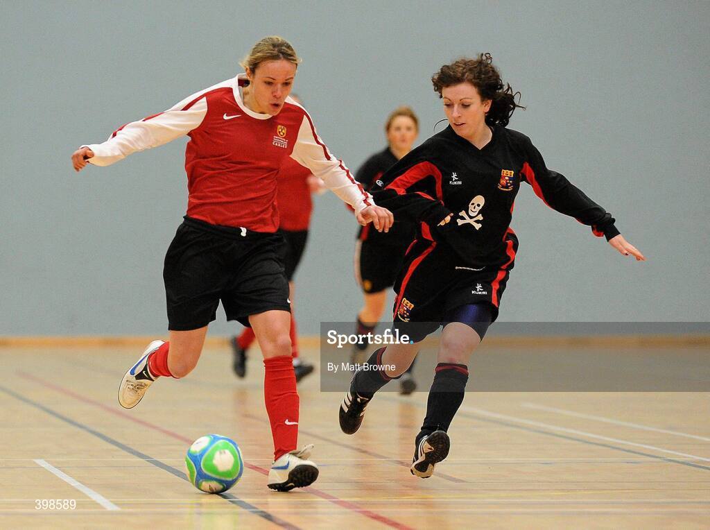 30 January 2010; Aine O'Gorman, Carlow IT, in action against Gill Cahill, UCC. WSCAI National Futsal Cup Semi-Final 2, UCC v Carlow IT, Kingfishers Sports Centre, NUIG, University Road, Galway. Picture credit: Matt Browne / SPORTSFILE
