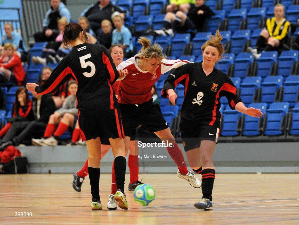 30 January 2010; Aine O'Gorman, Carlow IT, in action against Trisha Hickey, left, and Linda Douglas, UCC. WSCAI National Futsal Cup Semi-Final 2, UCC v Carlow IT, Kingfishers Sports Centre, NUIG, University Road, Galway. Picture credit: Matt Browne / SPORTSFILE