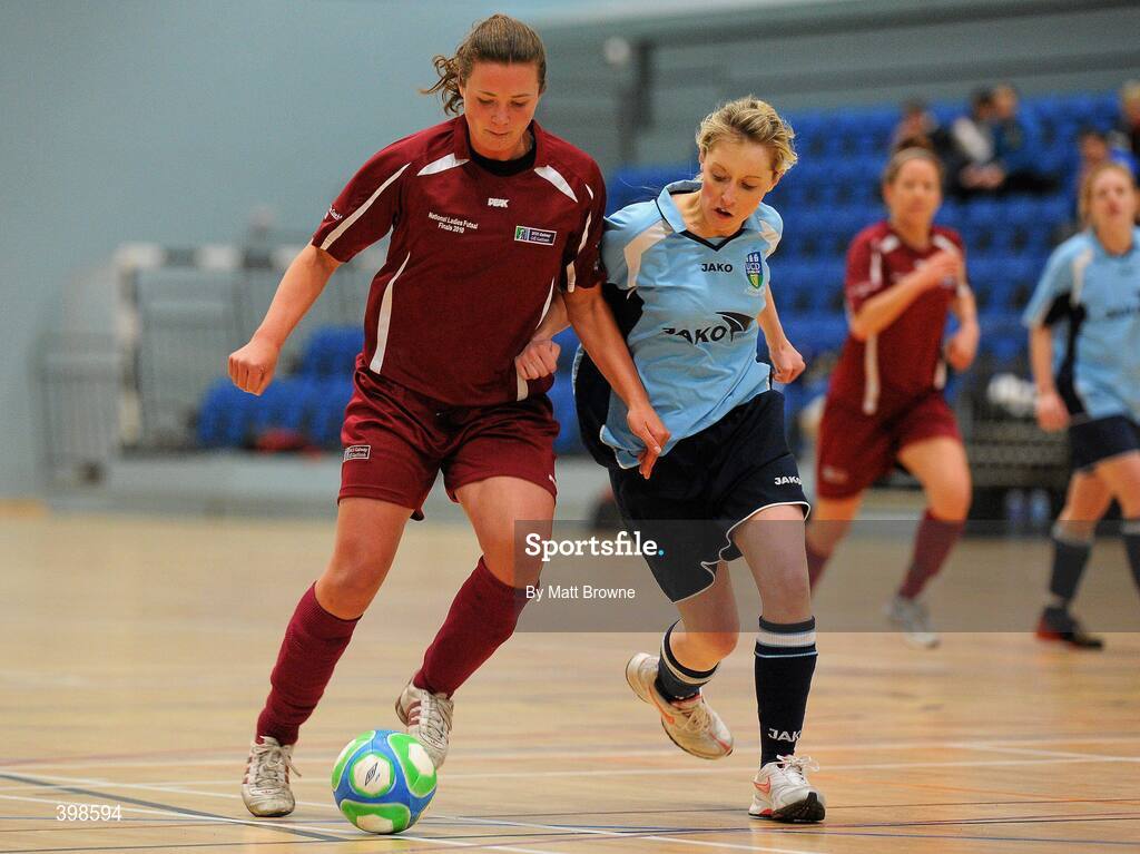 30 January 2010; Nuala Marshall, NUIG, in action against Lisa Geiran, UCD. WSCAI National Futsal Cup Semi-Final 1, UCD v NUIG, Kingfishers Sports Centre, NUIG, University Road, Galway. Picture credit: Matt Browne / SPORTSFILE  *** Local Caption ***