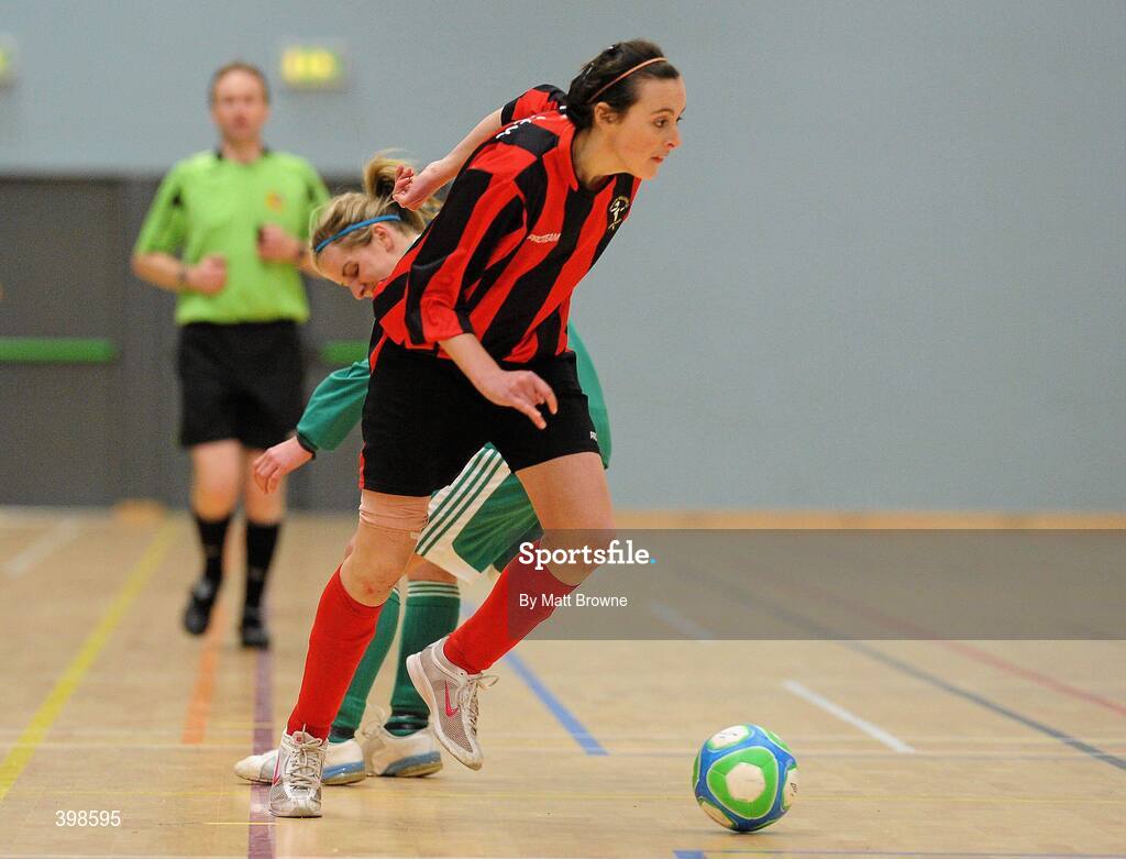 30 January 2010; Hannah Tyrrell, Trinity, in action against Ciara Desmond, CCFE. WSCAI National Futsal Plate Semi-Final 2, Trinity v CCFE, Kingfishers Sports Centre, NUIG, University Road, Galway. Picture credit: Matt Browne / SPORTSFILE  *** Local Caption ***