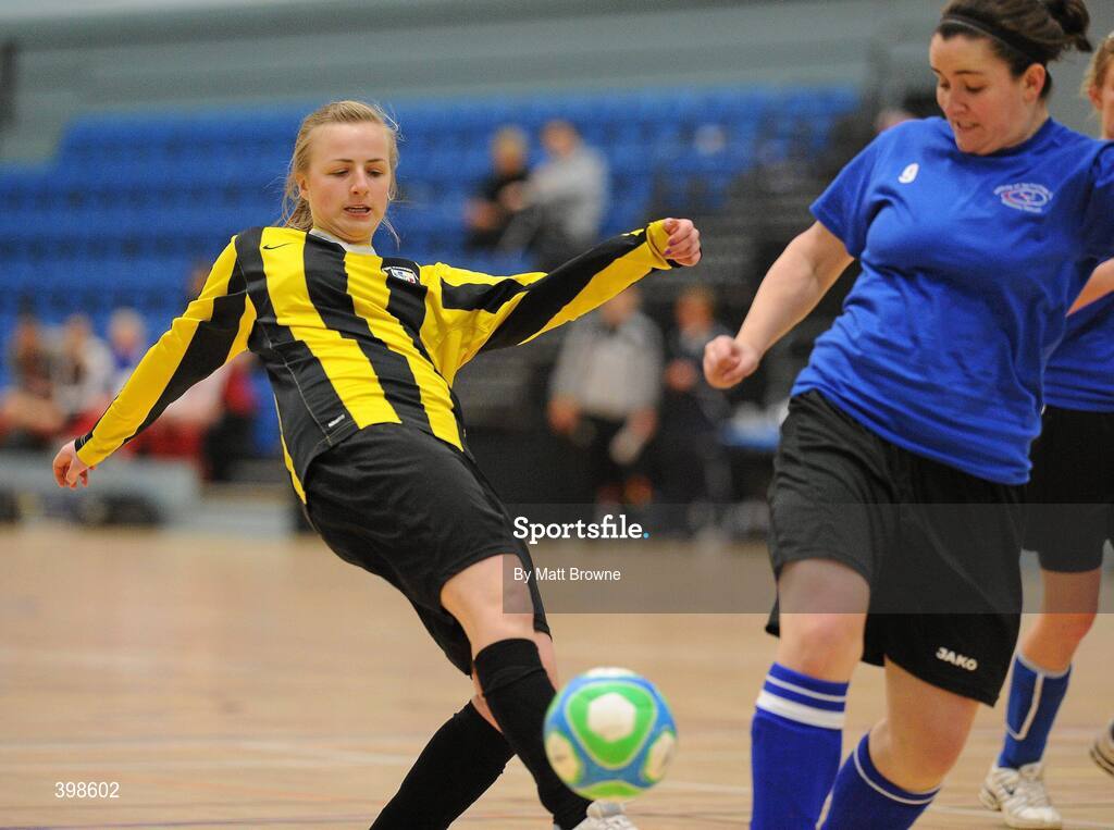 30 January 2010; Grainne Grimes, IT Sligo, in action against Megan Brickley, NUIM. WSCAI National Futsal Plate Semi-Final 1, IT Sligo v NUIM, Kingfishers Sports Centre, NUIG, University Road, Galway. Picture credit: Matt Browne / SPORTSFILE