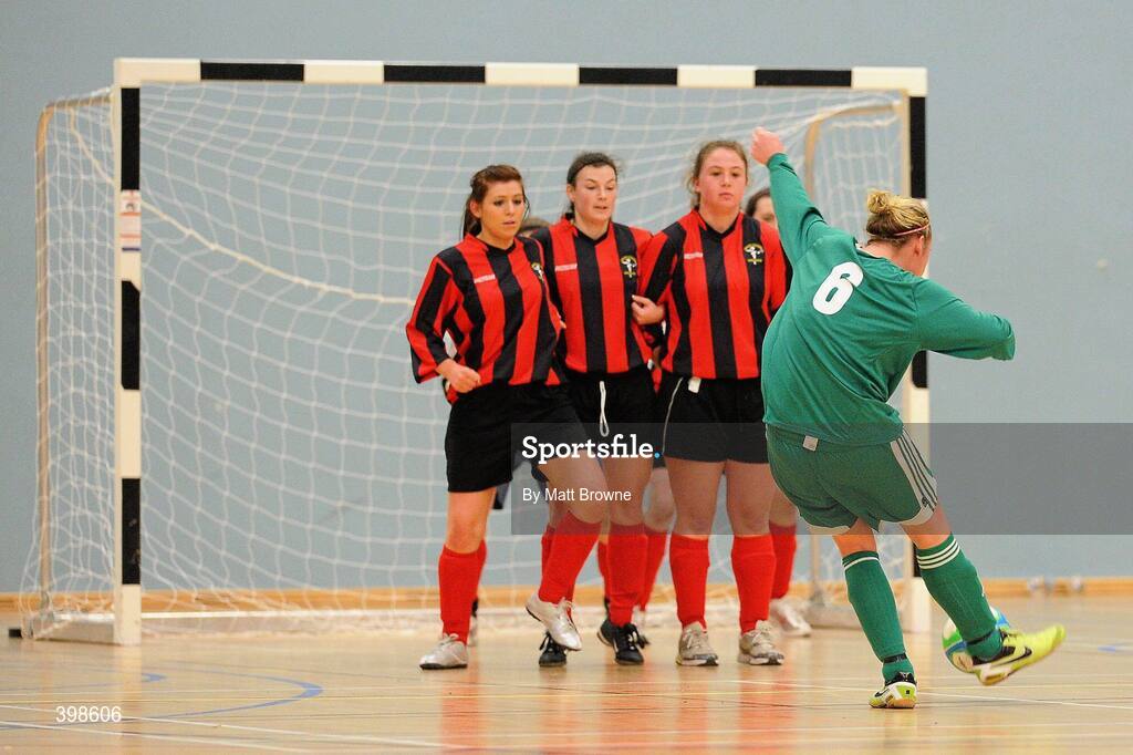 30 January 2010; Stacey Paul, CCFE, takes a shot on goal from a free kick against Trinity. WSCAI National Futsal Plate Semi-Final 2, Trinity v CCFE, Kingfishers Sports Centre, NUIG, University Road, Galway. Picture credit: Matt Browne / SPORTSFILE