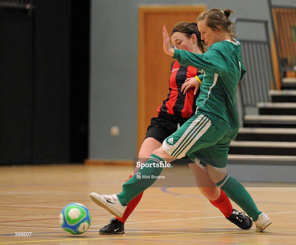 30 January 2010; Josephine Amelia Shister, Trinity, in action against Tanya McGowan, CCFE. WSCAI National Futsal Plate Semi-Final 2, Trinity v CCFE, Kingfishers Sports Centre, NUIG, University Road, Galway. Picture credit: Matt Browne / SPORTSFILE