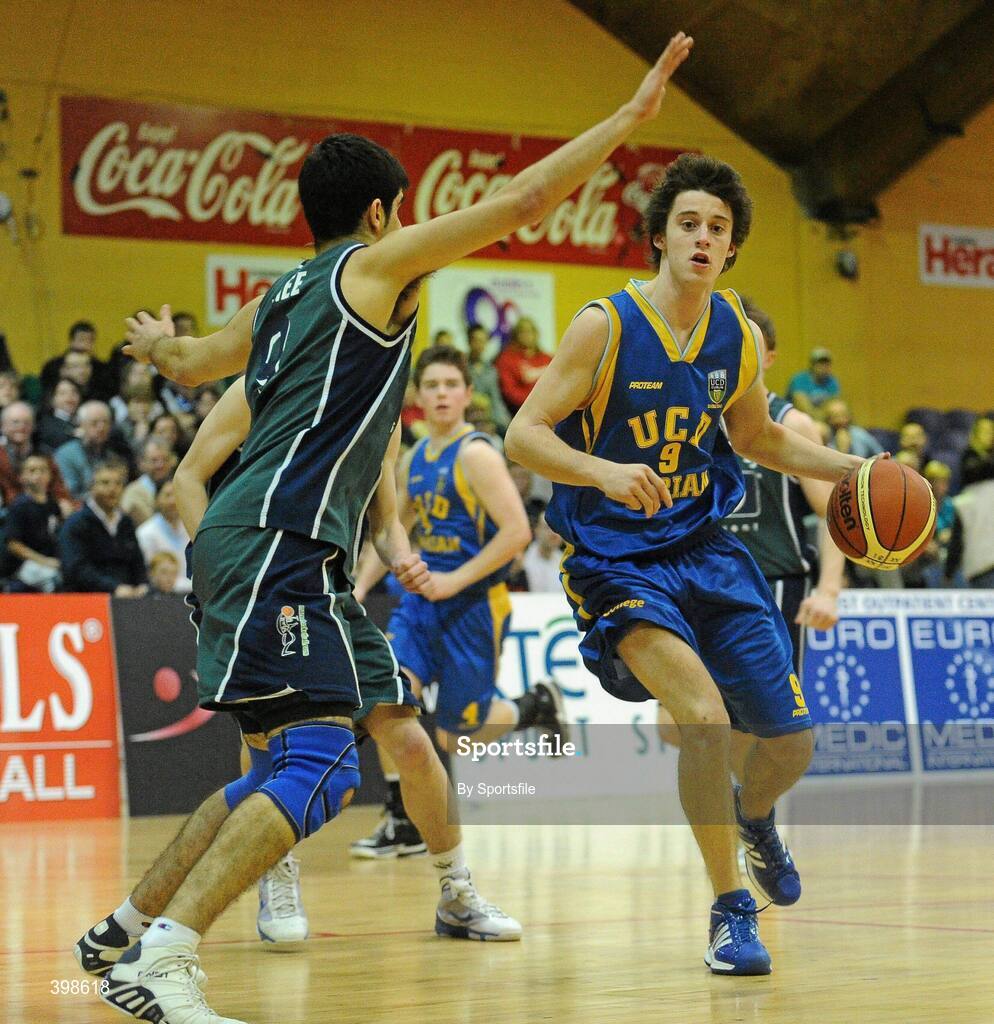 30 January 2010; Daniel James, UCD Marian, Dublin, in action against George Rahmani, Maree, Galway. Mens Under-20 National Cup Final, UCD Marian, Dublin v Maree, Galway, National Basketball Arena, Tallaght, Dublin. Photo by Sportsfile