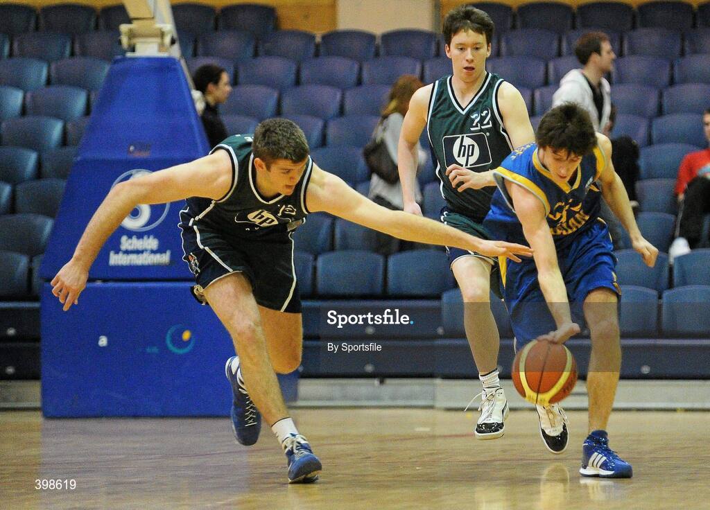 30 January 2010; Daniel James, UCD Marian, Dublin, in action against David Hansberry, Maree, Galway. Mens Under-20 National Cup Final, UCD Marian, Dublin v Maree, Galway, National Basketball Arena, Tallaght, Dublin. Photo by Sportsfile