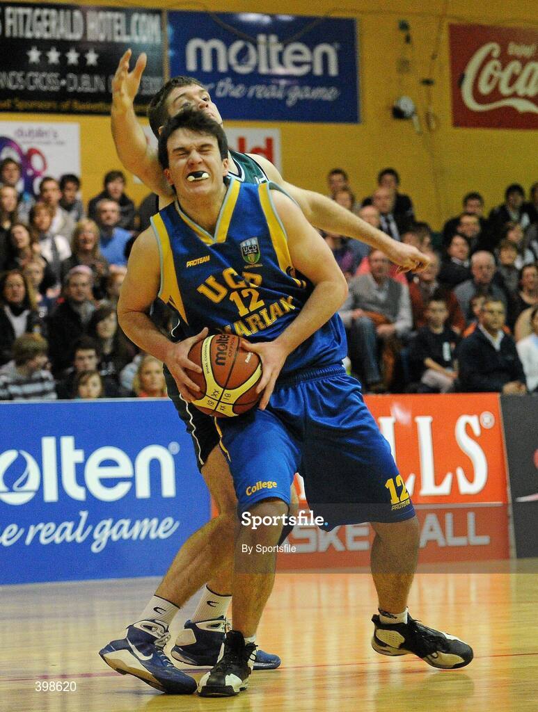 30 January 2010; Andrew Healy, UCD Marian, Dublin, in action against David Hansberry, Maree, Galway. Mens Under-20 National Cup Final, UCD Marian, Dublin v Maree, Galway, National Basketball Arena, Tallaght, Dublin. Photo by Sportsfile