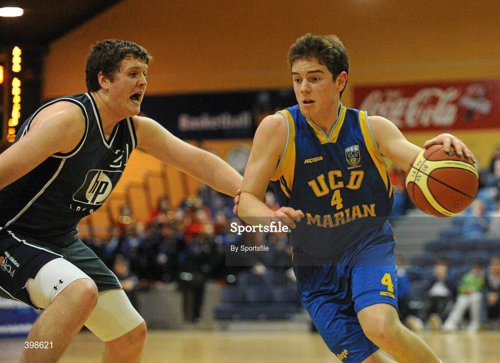 30 January 2010; Cathal Finn, UCD Marian, Dublin, in action against Kenneth Hansberry, Maree, Galway. Mens Under-20 National Cup Final, UCD Marian, Dublin v Maree, Galway, National Basketball Arena, Tallaght, Dublin. Photo by Sportsfile