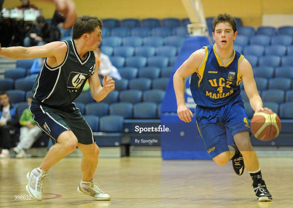 30 January 2010; Cathal Finn, UCD Marian, Dublin, in action against Con Crowley, Maree, Galway. Mens Under-20 National Cup Final, UCD Marian, Dublin v Maree, Galway, National Basketball Arena, Tallaght, Dublin. Photo by Sportsfile