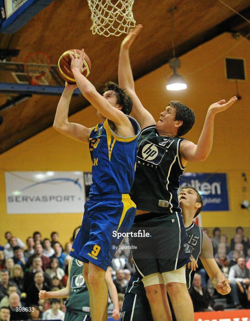 30 January 2010; Daniel James, UCD Marian, Dublin, in action against Kenneth Hansberry, Maree, Galway. Mens Under-20 National Cup Final, UCD Marian, Dublin v Maree, Galway, National Basketball Arena, Tallaght, Dublin. Photo by Sportsfile