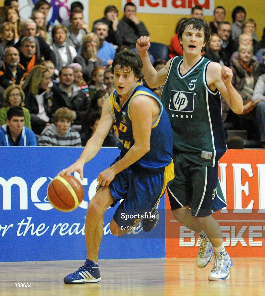 30 January 2010; Daniel James, UCD Marian, Dublin, in action against Colm OHagan, Maree, Galway. Mens Under-20 National Cup Final, UCD Marian, Dublin v Maree, Galway, National Basketball Arena, Tallaght, Dublin. Photo by Sportsfile