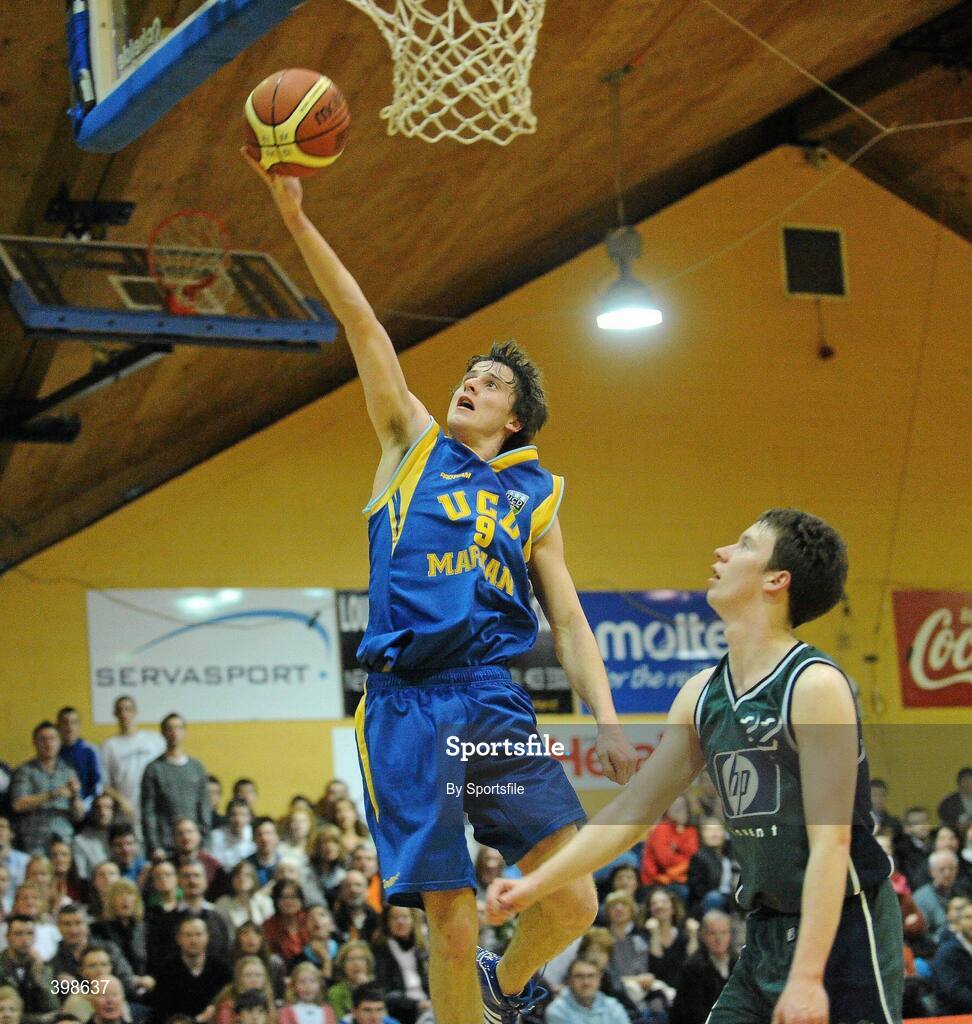 30 January 2010; Daniel James, UCD Marian, Dublin, in action against Liam Conroy, Maree, Galway. Mens Under-20 National Cup Final, UCD Marian, Dublin v Maree, Galway, National Basketball Arena, Tallaght, Dublin. Photo by Sportsfile