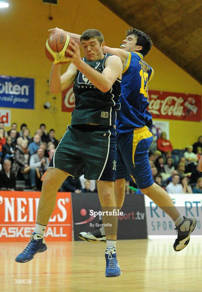 30 January 2010; David Hansberry, Maree, Galway, in action against Andrew Healy, UCD Marian, Dublin. Mens Under-20 National Cup Final, UCD Marian, Dublin v Maree, Galway, National Basketball Arena, Tallaght, Dublin. Photo by Sportsfile