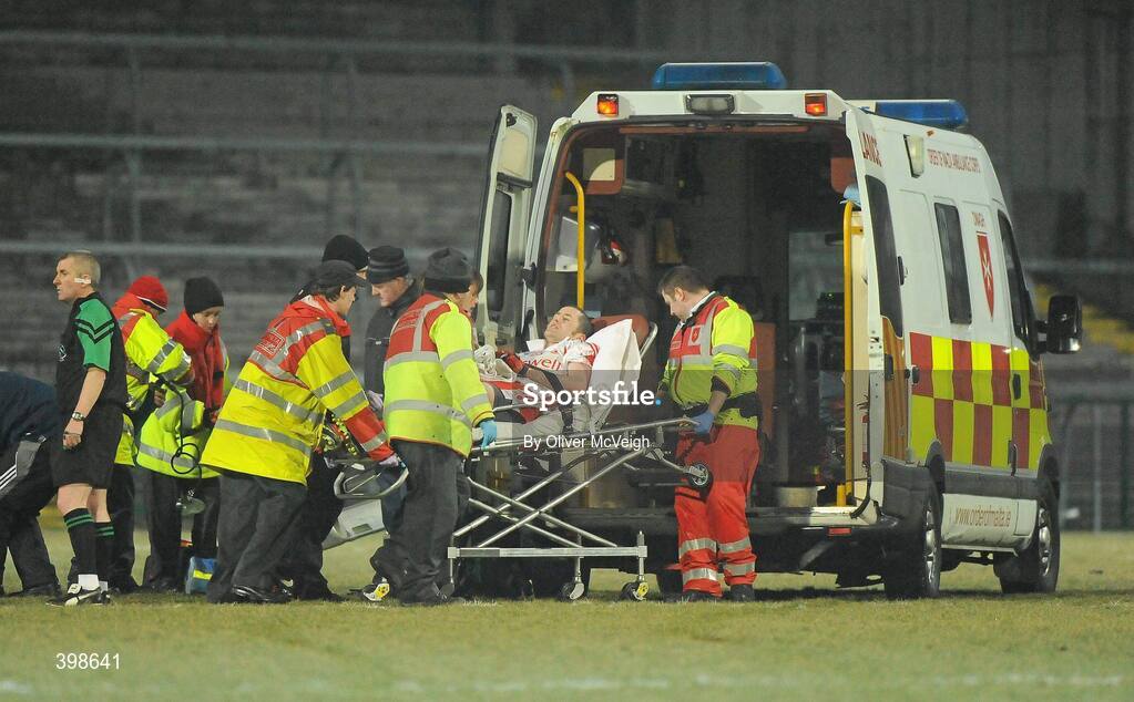 30 January 2010; Stephen O'Neill, Tyrone, leaves the field to be taken away in an Ambulance with a suspected broken elbow. Barrett Sports Lighting Dr. McKenna Cup Final, Donegal v Tyrone, Brewster Park, Enniskillen, Co. Fermanagh. Picture credit: Oliver McVeigh / SPORTSFILE