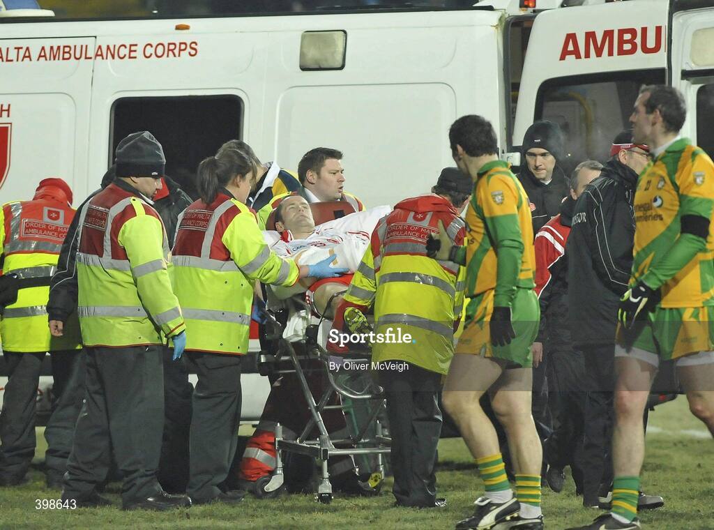 30 January 2010; Stephen O'Neill, Tyrone, leaves the field to be taken away in an Ambulance with a suspected broken elbow. Barrett Sports Lighting Dr. McKenna Cup Final, Donegal v Tyrone, Brewster Park, Enniskillen, Co. Fermanagh. Picture credit: Michael Cullen / SPORTSFILE
