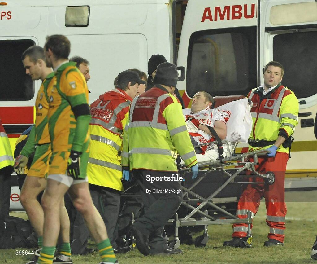 30 January 2010; Stephen O'Neill, Tyrone, leaves the field to be taken away in an Ambulance with a suspected broken elbow. Barrett Sports Lighting Dr. McKenna Cup Final, Donegal v Tyrone, Brewster Park, Enniskillen, Co. Fermanagh. Picture credit: Michael Cullen / SPORTSFILE