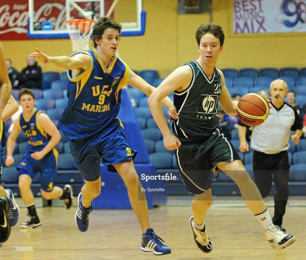 30 January 2010; Liam Conroy, Maree, Galway, in action against Daniel James, UCD Marian, Dublin. Mens Under-20 National Cup Final, UCD Marian, Dublin v Maree, Galway, National Basketball Arena, Tallaght, Dublin. Photo by Sportsfile