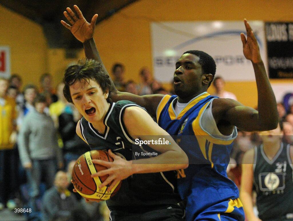 30 January 2010; Colm OHagan, Maree, Galway, in action against Kunle Oyateru, UCD Marian, Dublin. Mens Under-20 National Cup Final, UCD Marian, Dublin v Maree, Galway, National Basketball Arena, Tallaght, Dublin. Photo by Sportsfile