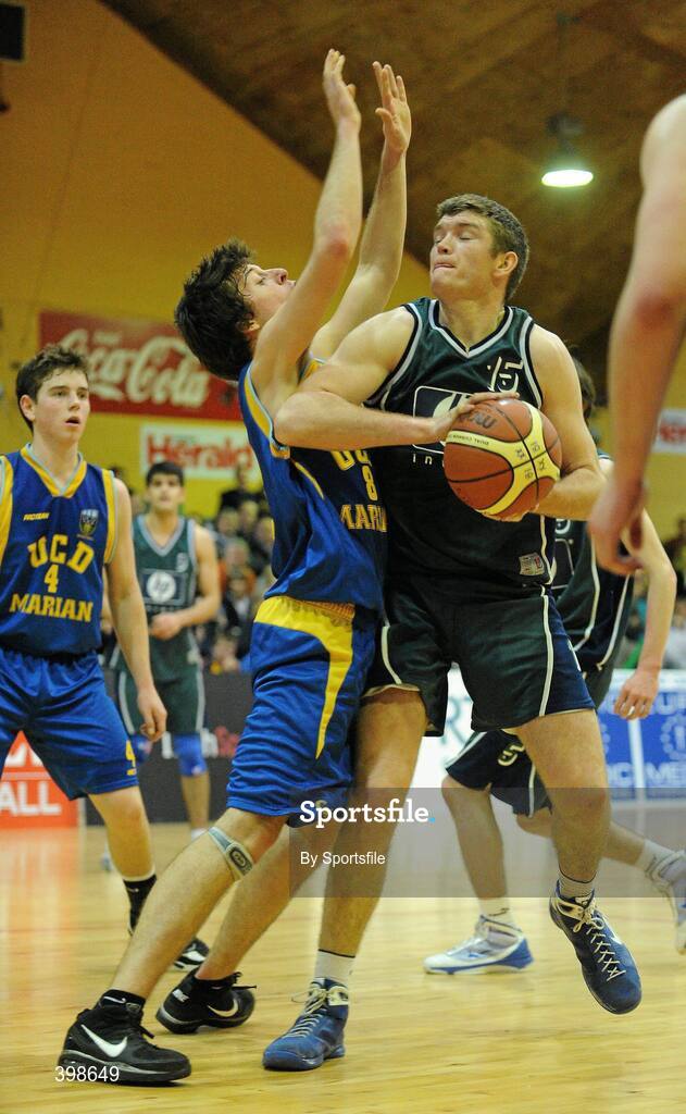 30 January 2010; David Hansberry, Maree, Galway, in action against Conor James, UCD Marian, Dublin. Mens Under-20 National Cup Final, UCD Marian, Dublin v Maree, Galway, National Basketball Arena, Tallaght, Dublin. Photo by Sportsfile