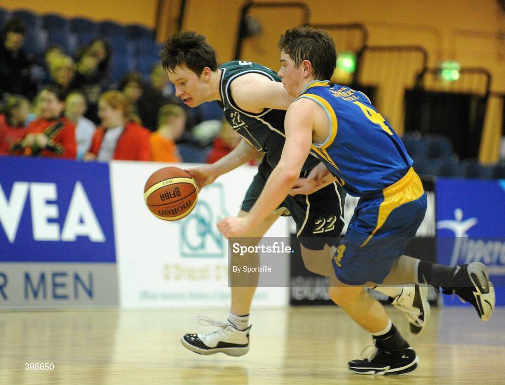 30 January 2010; Liam Conroy, Maree, Galway, in action against Cathal Finn, UCD Marian, Dublin. Mens Under-20 National Cup Final, UCD Marian, Dublin v Maree, Galway, National Basketball Arena, Tallaght, Dublin. Photo by Sportsfile