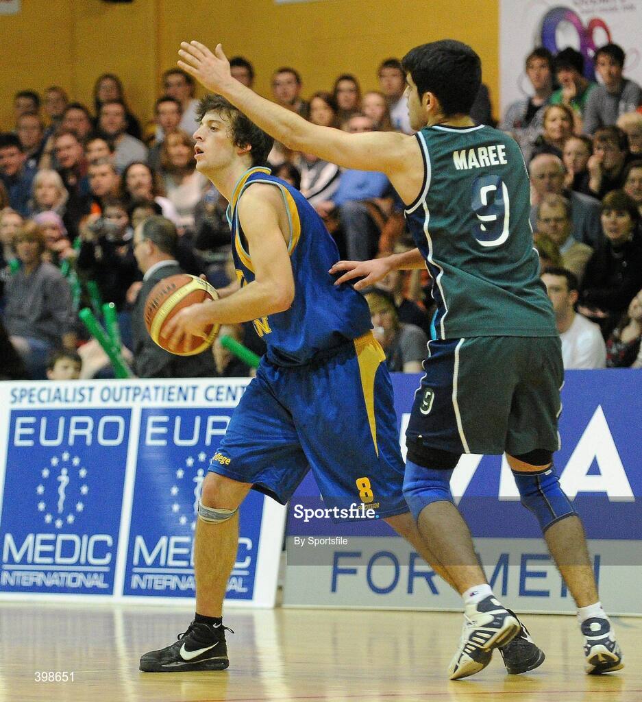 30 January 2010; Conor James, UCD Marian, Dublin, in action against George Rahmani, Maree, Galway. Mens Under-20 National Cup Final, UCD Marian, Dublin v Maree, Galway, National Basketball Arena, Tallaght, Dublin. Photo by Sportsfile