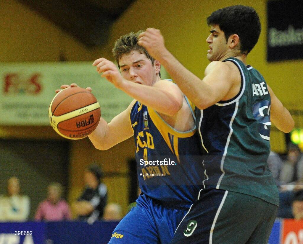 30 January 2010; Cathal Finn, UCD Marian, Dublin, in action against George Rahmani, Maree, Galway. Mens Under-20 National Cup Final, UCD Marian, Dublin v Maree, Galway, National Basketball Arena, Tallaght, Dublin. Photo by Sportsfile